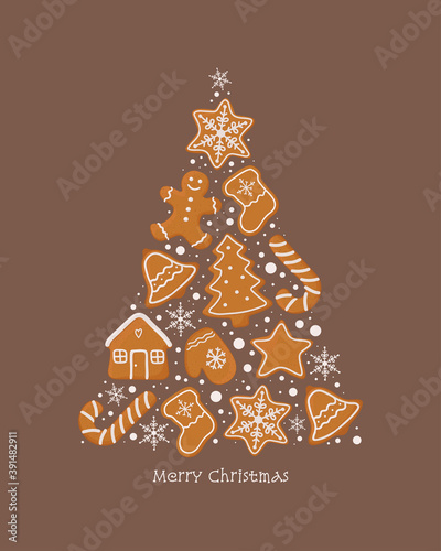 Christmas greeting card with gingerbread cookies. Vector illustration