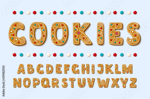 Set of alphabet holidays gingerbread cookies. Christmas abc letters font. Vector Illustration.