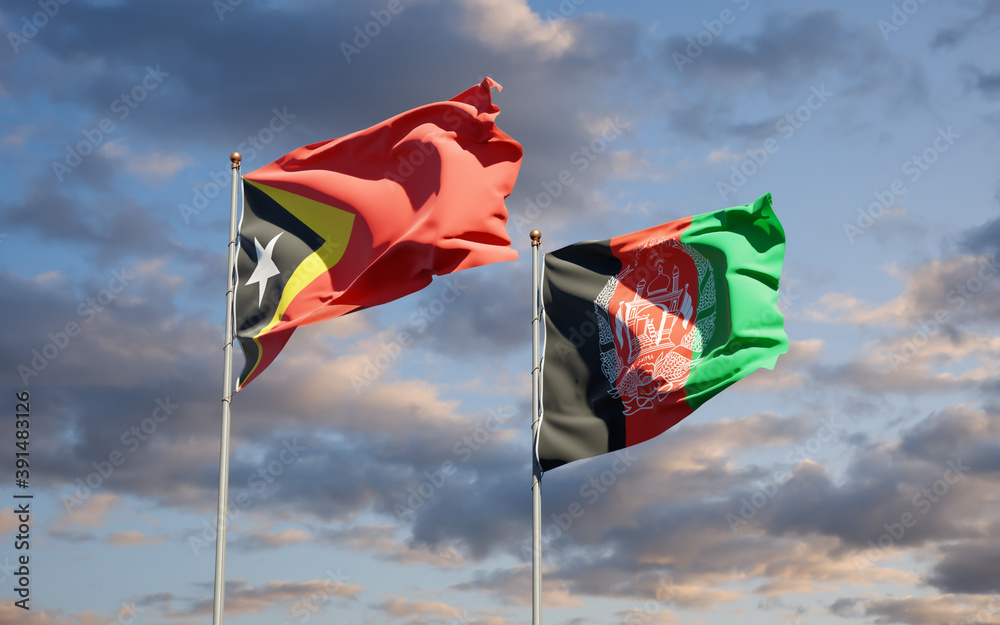 Beautiful national state flags of East Timor and Afghanistan together at the sky background. 3D artwork concept.