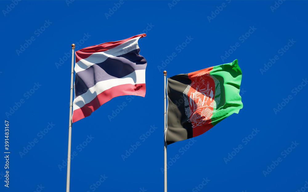Beautiful national state flags of Thailand and Afghanistan together at the sky background. 3D artwork concept.