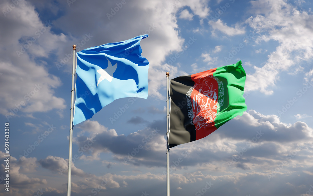 Beautiful national state flags of Somalia and Afghanistan together at the sky background. 3D artwork concept. Beautiful national state flags of Somalia and Afghanistan together at the sky background. 3D artwork concept.