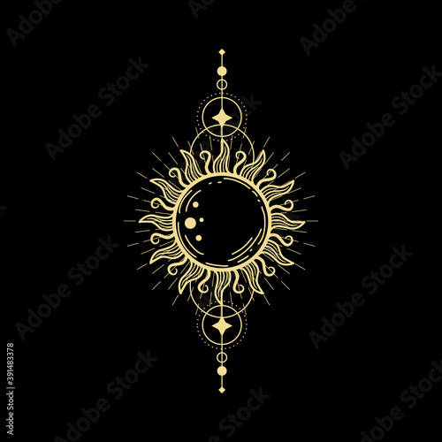Sun and sacred geometry for  tarot reader, spiritual guidance, tattoo. Line Art, boho, decorating style.