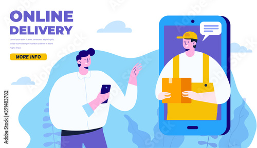 Young man receiving parcel from delivery service courier through smart phone screen. Application concept for online shopping and order delivery. Internet Delivery concept. Flat vector illustration © Oksana