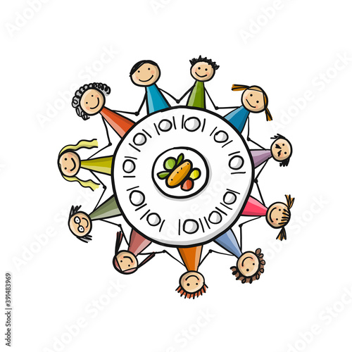 Family having dinner at round table