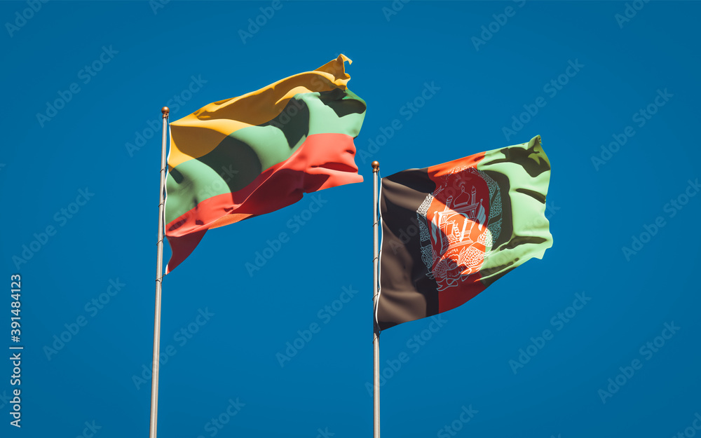Beautiful national state flags of Lithuania and Afghanistan together at the sky background. 3D artwork concept. Beautiful national state flags of Lithuania and Afghanistan together at the sky background. 3D artwork concept.