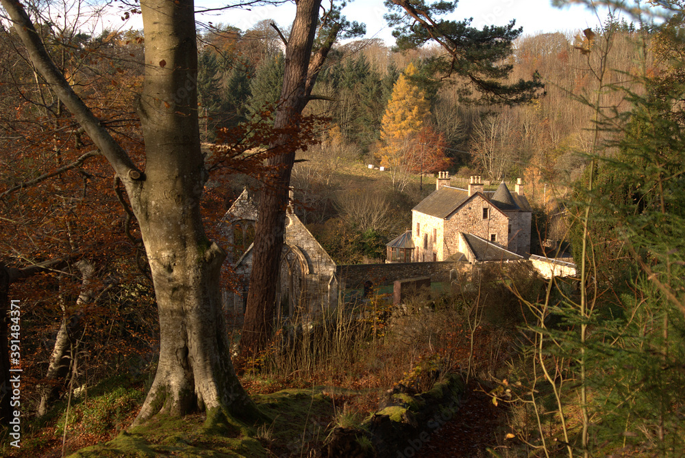 view of church ruin and buildings at Temple, Scotland
