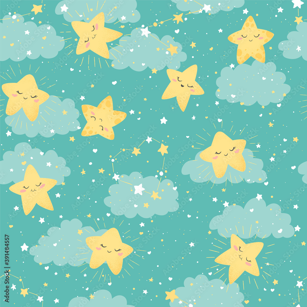 Seamless vector pattern with cute hand drawn cartoon stars and clouds isolated on blue green background. Design for print, fabric, wallpaper, card, baby room decoration Seamless vector pattern with cute hand drawn cartoon stars and clouds isolated on blue green background. Design for print, fabric, wallpaper, card, baby room decoration