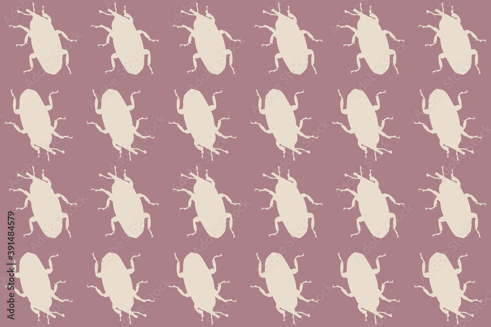 Seamless pattern with Weevil bugs. Endless background with beetles. Vector silhouette illustration.