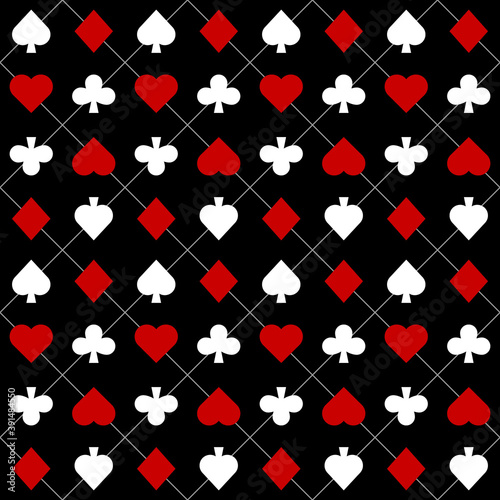 Seamless pattern with Playing card suits. Hearts, Spades, Diamonds, Clubs. Endless background. Vector illustration.