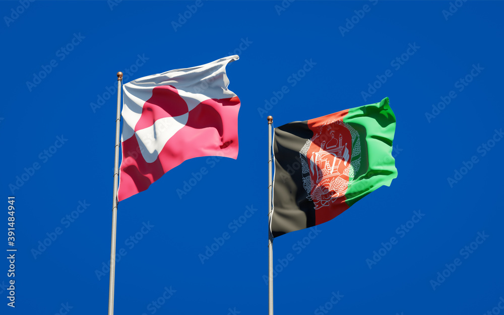 Beautiful national state flags of Greenland and Afghanistan together at the sky background. 3D artwork concept.