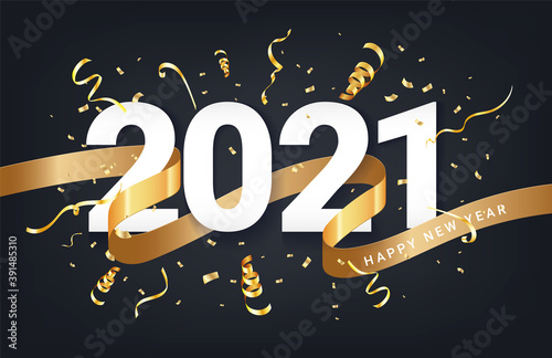 Happy new 2021 year. Winter holiday greeting card design template with golden confetti and tape. New Year holiday posters. Happy New Year dark festive background. Vector illustration.