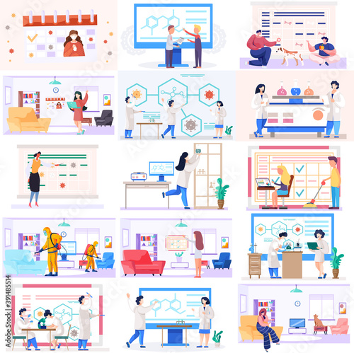 Medical workers in lab in white coat work with a test tube. Girl pet owner in the interior of the room, people stay at home. Sanitization, room processing with a disinfectant solution scenes set