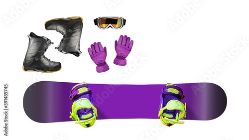 Set of snowboard equipment and accessories isolated on white background. Stop motion time lapse