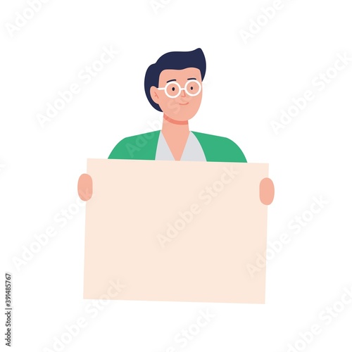 A young man holding a blank poster. Cartoon character showing a blank banner. Vector flat illustration. 