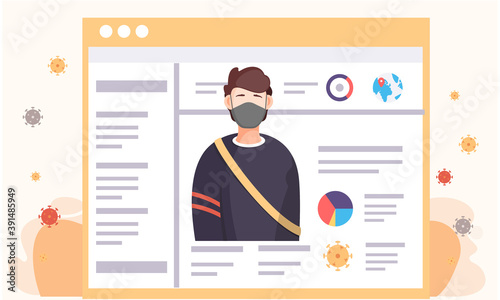Masked man on informative poster background with text and images of viruses. Picture of a guy during the quarantine. Preventing the spread of a disease. Quarantine conditions. Prevention of covid-19