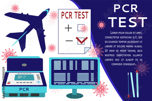 PCR test for airplane travel. Laboratory equipment: PCR amplification, computer, analysis result, test tubes. Vector illustration. Flat style