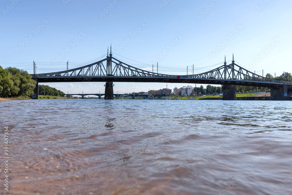 Fototapeta premium Tver. Tver region. Walk along the Volga. View of the New Volga bridge and the old Volga bridge.