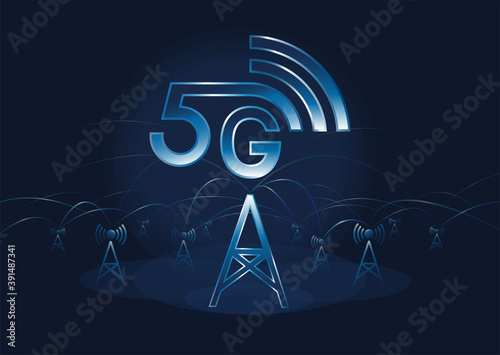 5G blue vector icon with antenna,  the fifth generation technology standard for broadband cellular networks