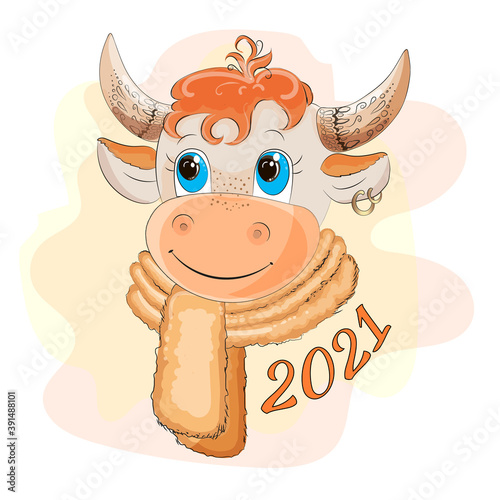 Ox 2021. Chinese horoscope. 2021 is the Year of the White Metal Bull. Symbol of 2021. Nice cow. Ox.