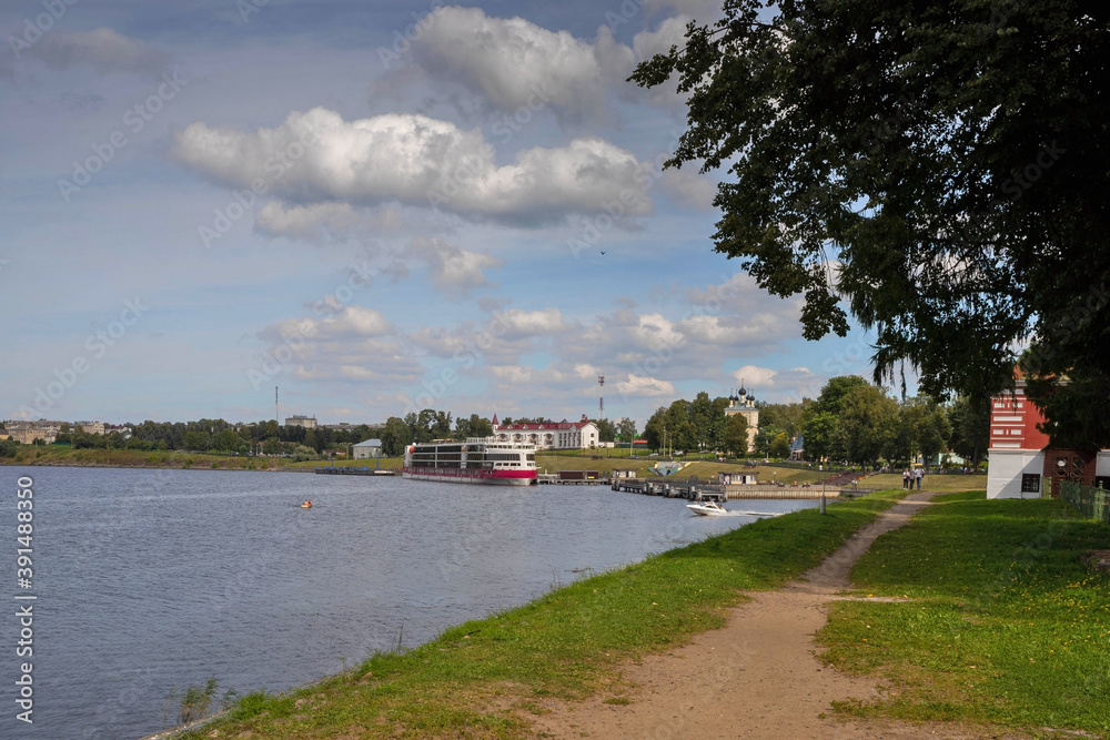 Uglich. Yaroslavl region. Cruise ships at the pier. Golden ring of Russia.