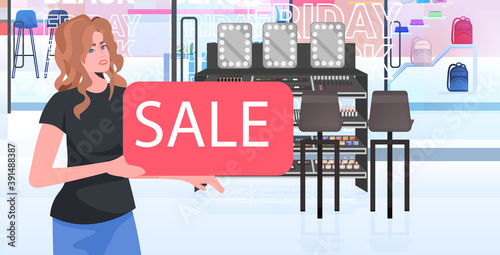 female seller holding sale banner beauty shop black friday concept horizontal portrait vector illustration