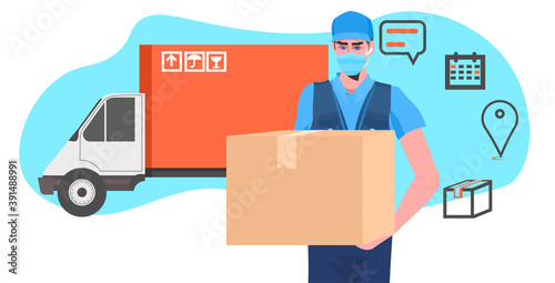 man courier in mask holding cardboard box black friday sale express delivery service concept portrait horizontal vector illustration