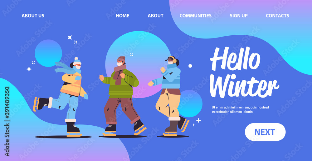 friends in mask skating on ice rink mix race people having winter fun outdoors activities coronavirus quarantine concept full length horizontal copy space vector illustration