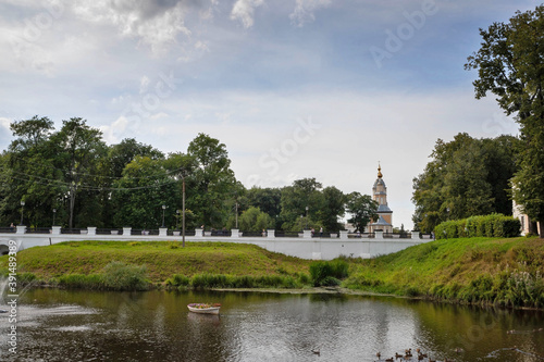 Uglich Kremlin. view of the historic building of the city Council and The Church of the Kazan icon of the mother of God from the Stone stream