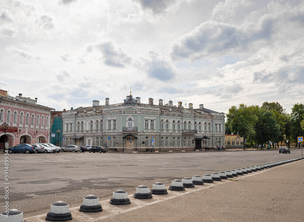 Uglich. Yaroslavl region. Historic buildings on the Dormition square. Summer day.
