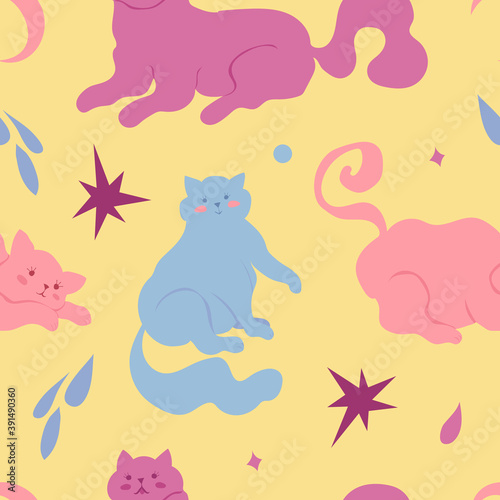 Cute vector seamless pattern with adorable pastel cats on yellow background with stars and moons. Lovely marshmallow-like kitties in pastel colors