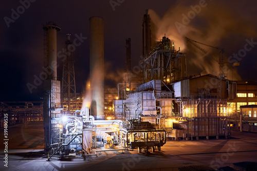 Petrochemical plant in night. Ammonia synthesis complex. Long exposure photography. photo