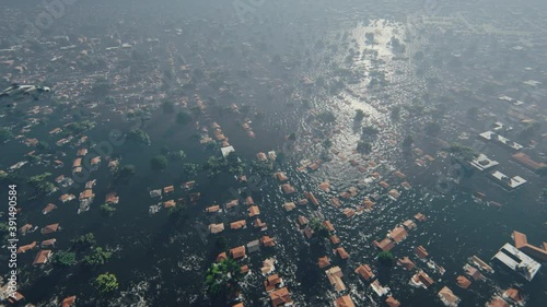 Flight over New Orleans City Flooded, people sitting on roof tops and rescue helicopter passing, 4K.mov