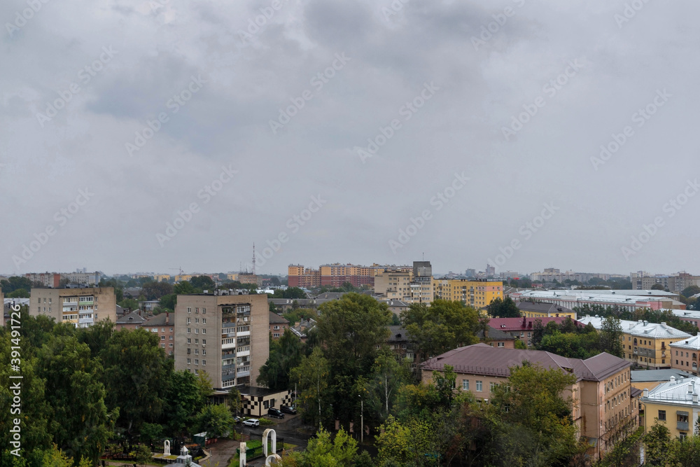 Yaroslavl. Yaroslavl. Foggy rainy morning. Top view of residential buildings and the railway