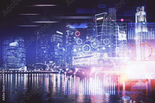 Data theme hologram drawing on city view with skyscrapers background multi exposure. Ai concept. © peshkova