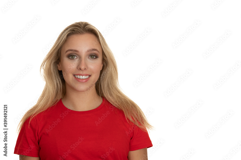 Portrait of a cute teenage girl in red tshirt over white Portrait of a cute teenage girl in red tshirt over white