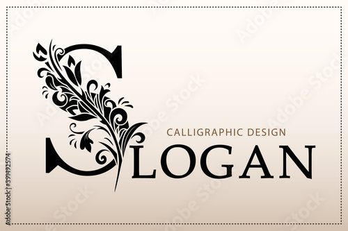 Elegant Simple monogram, letter S. Creative logo. Line art design. Branch with leaves. Vintage Emblem. Drawn Template for Book Design, Restaurant, Wedding, Boutique, Invitation. Vector illustration