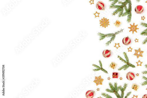 Christmas decorations pattern on a white background. Holidays composition with place for your design.