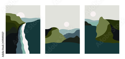 Trendy abstract landscape collage. Set of hand drawn contemporary artistic travel posters, nature wall art decor, mountain backgrounds scandinavian style. Vector illustrations