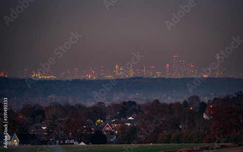 London skyline at night from rural residential location in Surrey 