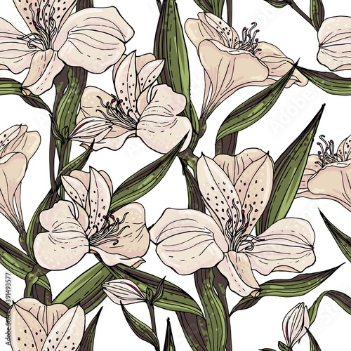 Seamless vector floral pattern with pastel pink Alstroemeria on a white background.