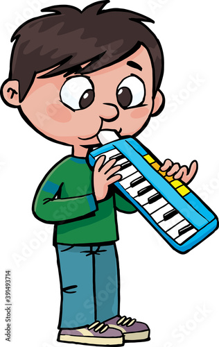 Boy playing musical instrument melodica blow organ