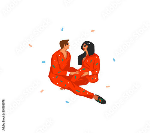 Hand drawn vector abstract fun stock flat Merry Christmas,and Happy New Year cartoon festive card with cute illustrations of Xmas couple unpack gifts at home together isolated on white background