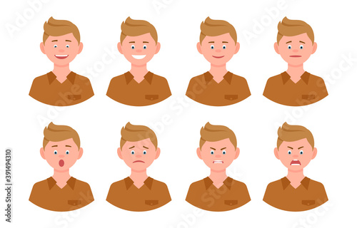 Emotional face cartoon character blonde office man front view vector illustration set. Happy, smiling, upset, surprised, sad, angry, shouting person flat style concept