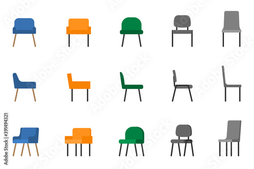 Isolated modern soft fabric office arm chair vector illustration icon set. Front, side view colored seat on white