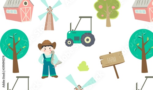 seamless pattern on cartoon farm theme, endless texture with farmer, tractor, trees, barn, windmill