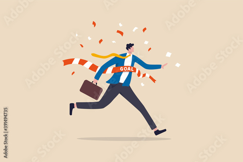 Business winner reaching goal, success celebration, career path or glory to finish working project concept, joyful smart businessman worker running reaching goal at the finishing line as first winner.