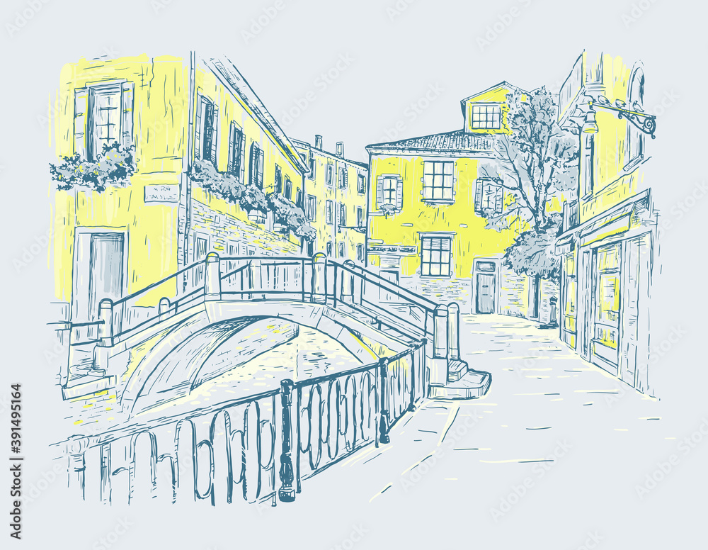 Hand drawn sketch vector illustration of the streets of Venice, Italy. Water channel with a bridge. Romantic color cityscape on tne gray background.