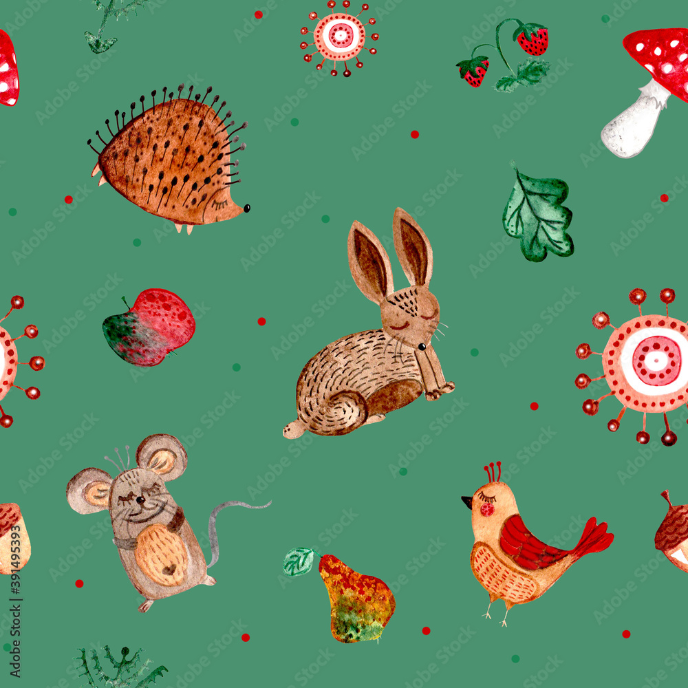 Obraz premium Bunny, mouse, bird, hedgehog, strawberry, acorn, leaves seamless watercolor pattern. For children's textiles, prints, wallpapers.