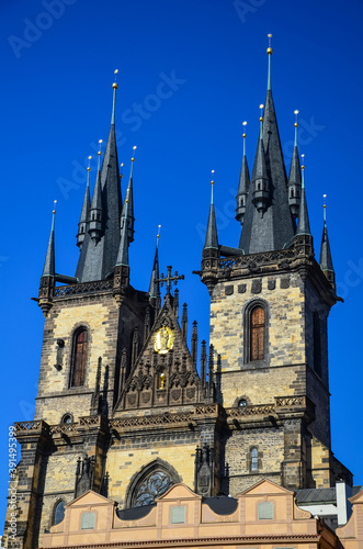 Low angle shot of Tynsky temple in Old Town Square in Prague, Czechia photo