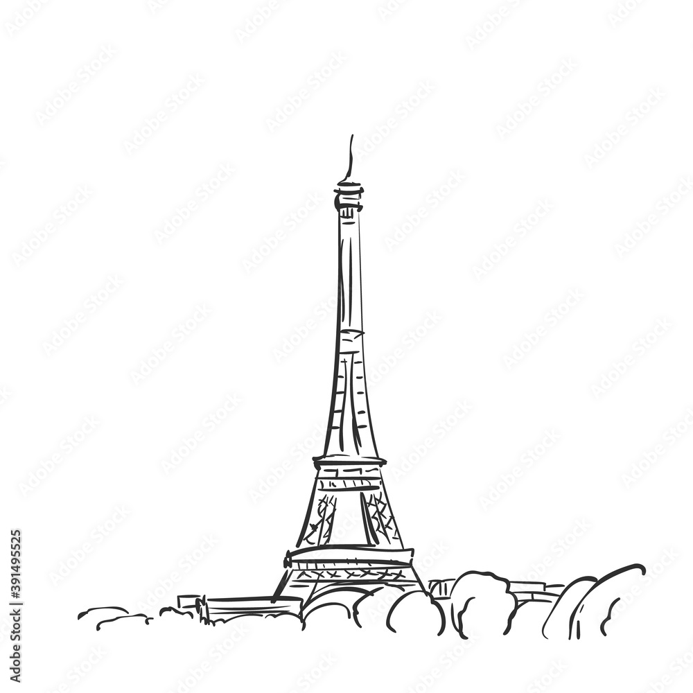Eiffel Tower vector sketch, Simple hand drawn illustration isolated black ink, Paris, France